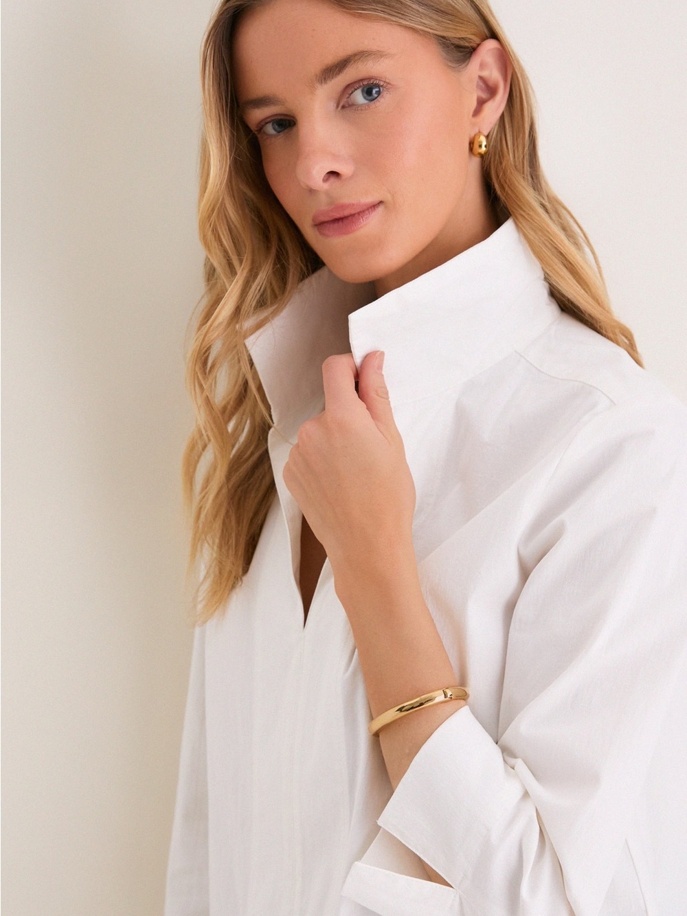 NWT Tuckernuck White Three-Quarter Sleeve Margot Stand Collar Cotton Shirt
